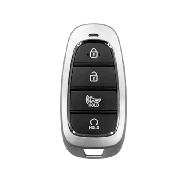 Silver oval Hyundai smart key with lock, unlock, panic and remote-start buttons